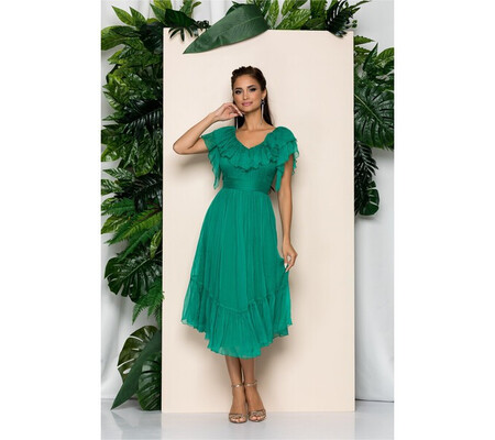 Rochie Leonard Collection verde cu volanas la bust si decolteu in v