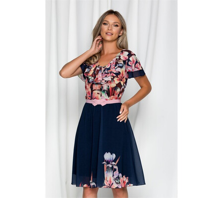 Rochie Lia bleumarin cu imprimeu floral roz si fundita in talie