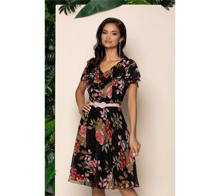 Rochie Lia neagra cu imprimeu floral si fundita in talie