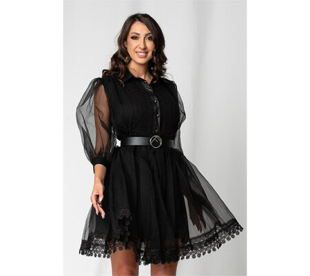 Rochie Lina neagra cu broderie si guler din piele ecologica