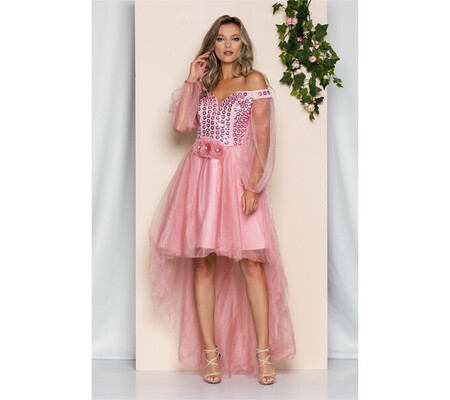 Rochie Lora roz din tulle cu decolteu en-coeur si paiete