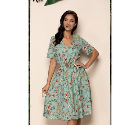 Rochie Loredana verde mint cu imprimeu floral si elastic in talie