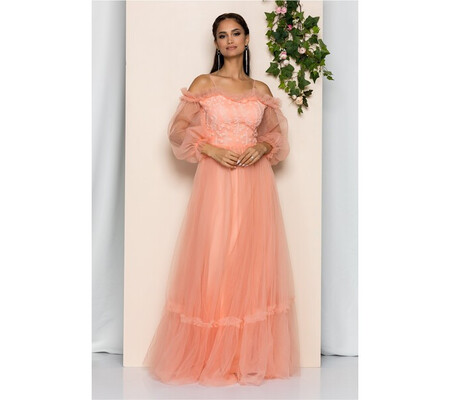 Rochie Lucia peach din tulle cu volanase la bust