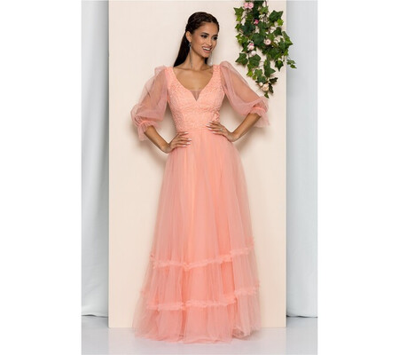 Rochie Luciana peach din tulle cu maneci lungi transparente