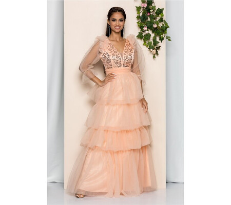 Rochie Lucretia peach din tulle cu volanase pe fusta si la umeri