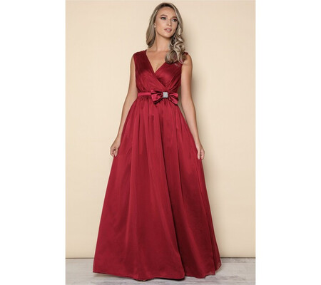 Rochie lunga MBG bordo din voal accesorizata cu fundita in talie