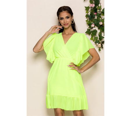 Rochie Lydia galben neon cu decolteu petrecut in v si volanas la baza si la maneci