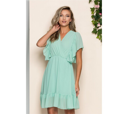 Rochie Lydia verde mint cu decolteu petrecut in v si volanas la baza si la maneci