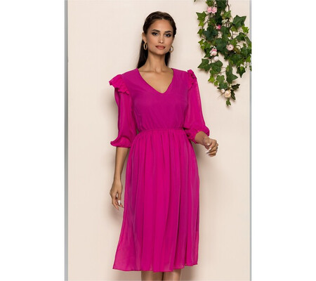 Rochie Mabel fuchsia cu elastic in talie si volanas la umeri