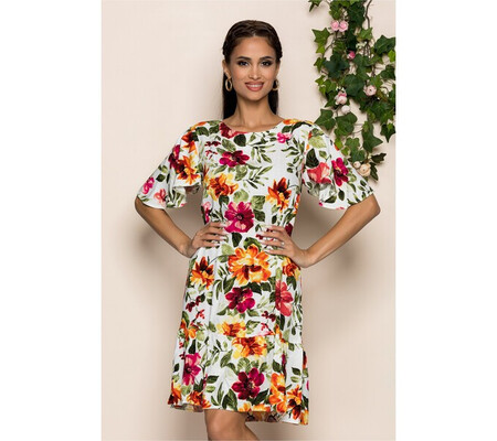 Rochie Malina alba cu volanas la baza si imprimeu floral