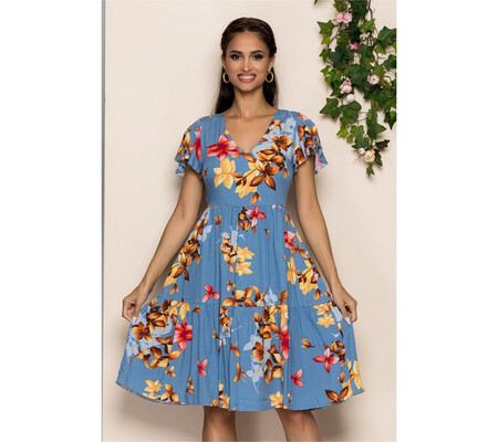 Rochie Malvina bleu cu decolteu in v si imprimeu floral