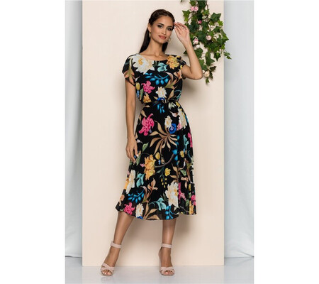 Rochie Manuela neagra cu imprimeu floral si pliuri pe fusta