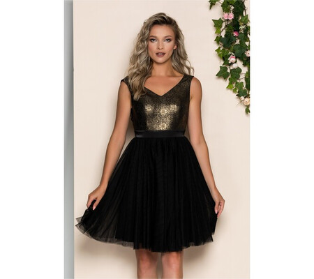 Rochie Marcia neagra cu decupaje in lateral si fusta din tulle