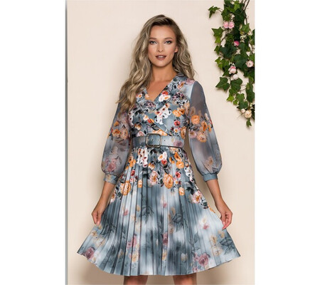 Rochie Maxine albastru petrol cu imprimeu floral orange si guler tip sal