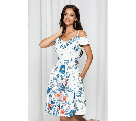 Rochie MBG alba cu imprimeu floral bleu si orange