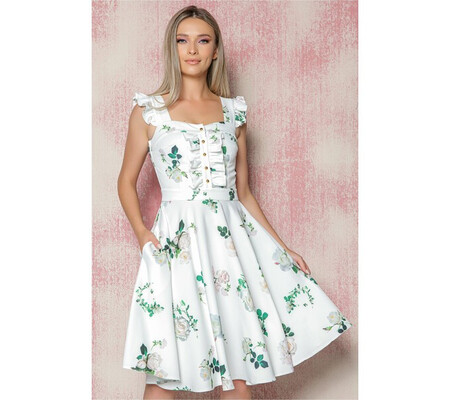 Rochie MBG alba cu imprimeu floral verde si volanas la bust cu nasturi