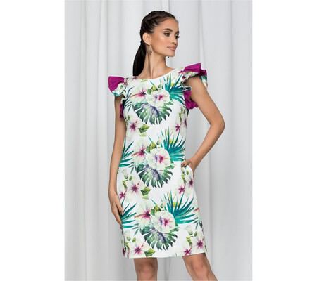 Rochie MBG alba cu imprimeu tropical verde si volanase la maneci