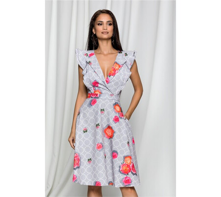 Rochie MBG gri cu imprimeu floral si cercuri albe