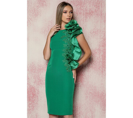 Rochie MBG verde cu broderie florala la bust si volan cu rijelina pe o parte