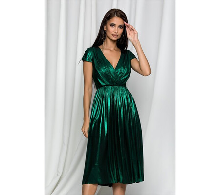 Rochie MBG verde metalizat cu pliuri la maneci si decolteu petrecut