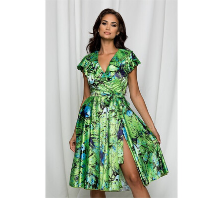 Rochie MBG verde satinata cu imprimeu floral si crepeu frontal