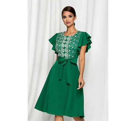 Rochie Medeea verde accesorizata cu broderie la bust si cordon in talie