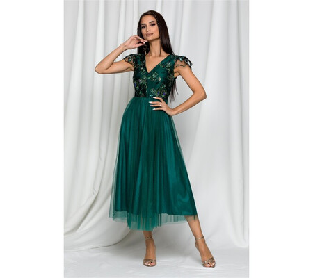 Rochie midi Moze verde cu bust nude si dantela brodata