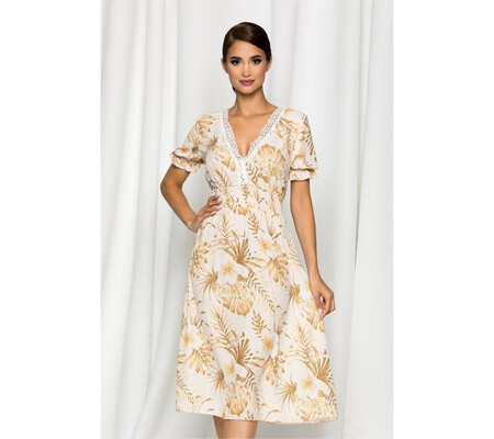 Rochie Mirabella ivory cu imprimeu floral si broderie la bust