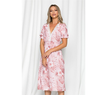 Rochie Mirabella roz cu imprimeu floral si broderie la bust