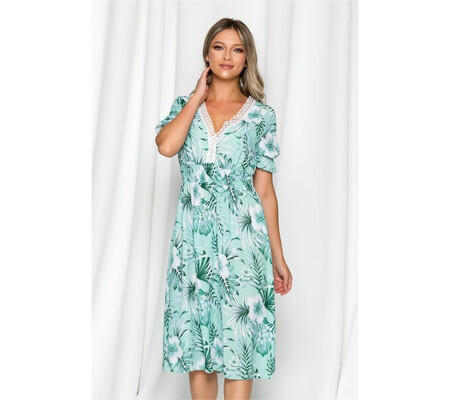 Rochie Mirabella verde cu imprimeu floral si broderie la bust