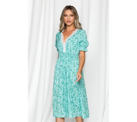 Rochie Mirabella verde cu imprimeu nature si broderie la bust