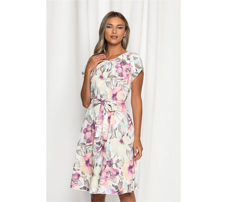 Rochie Missa alba cu imprimeu floral mov si bleu