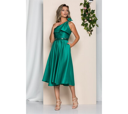 Rochie Moze din tafta verde cu buzunare si design tip funda la umar