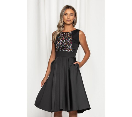 Rochie Moze neagra satinata cu paiete multicolore la bust