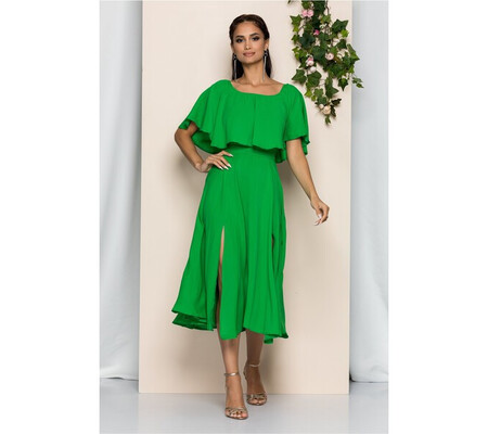 Rochie Moze verde cu decolteu bardot si crepeuri in fata