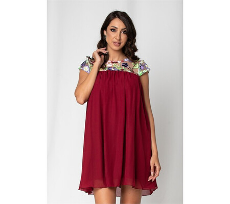 Rochie Nousha bordo cu tulle brodat la bust