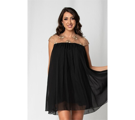 Rochie Nousha neagra cu tulle brodat la bust