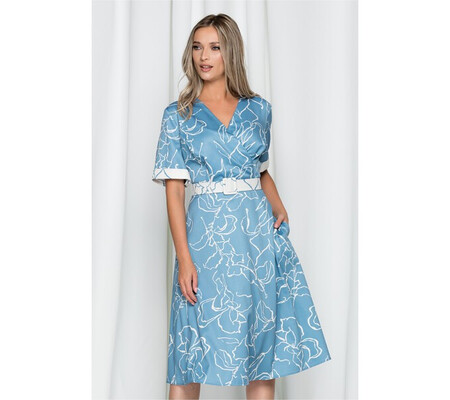 Rochie Sabrina bleu cu imprimeu floral alb si buzunare functionale