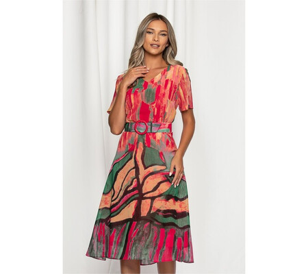 Rochie Sandra fucsia cu imprimeu colorat si curea in talie