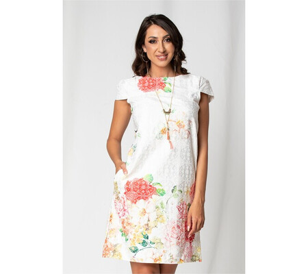 Rochie Ursula alba cu imprimeu floral rosu