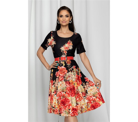 Rochie Wendy neagra cu imprimeu floral si pliuri pe fusta