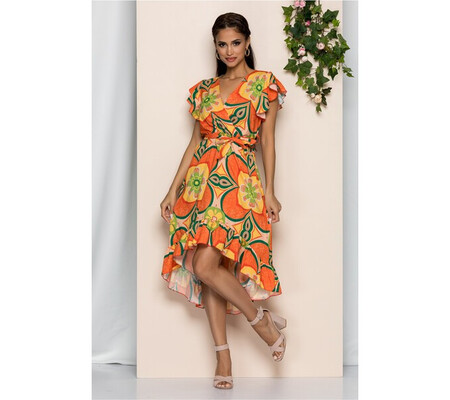 Rochie Wendy portocalie cu imprimeu floral colorat si baza asimetrica