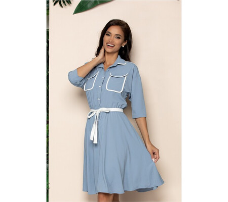 Rochie Wuana bleu cu buzunare la bust si guler tip rever