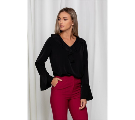 Bluza Daria neagra cu volan la decolteu