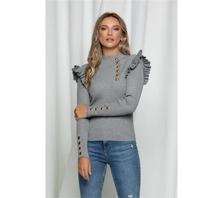 Bluza Maira gri cu volane la umeri si nasturi decorativi
