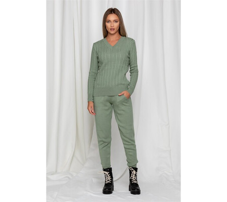 Compleu din tricot verde cu pantaloni si bluza cu impletituri