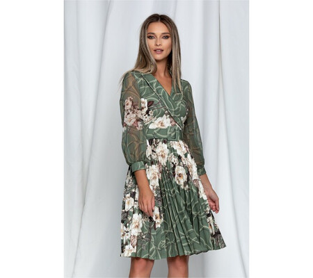 Rochie Amalia verde cu imprimeu floral si curea in ton cu rochia