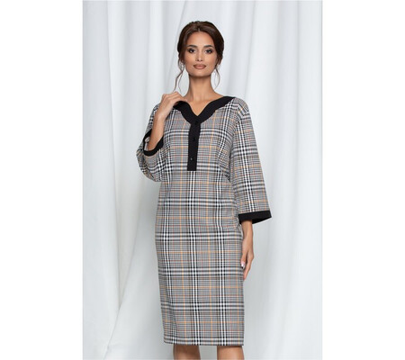 Rochie Dalia cu imprimeu picior de cocos si carouri caramizii