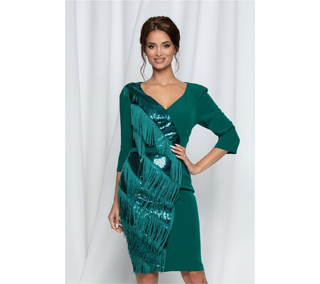 Rochie Dalina verde cu paiete si franjuri