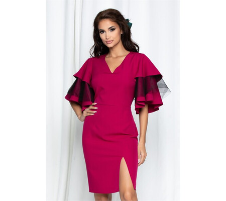 Rochie Dy Fashion Sara magenta cu maneci evazate si crepeu in fata